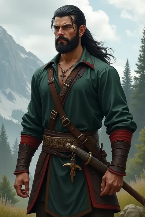 25-years-old man, An adventurer, a medieval warrior, stubble, white skin, black hair, long hair in a ponytail, adventurous pose, dark green shirt with red accents, medieval clothing, a sheated sabre on his belt, pathfinder's kingmaker style, russian