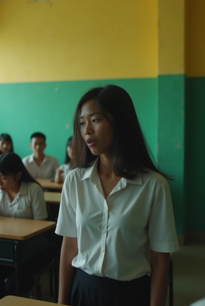 Video of the shocking situation in the classroom .  There is an Indonesian high school girl, who is in possession .  Upper wall color yellow lower green