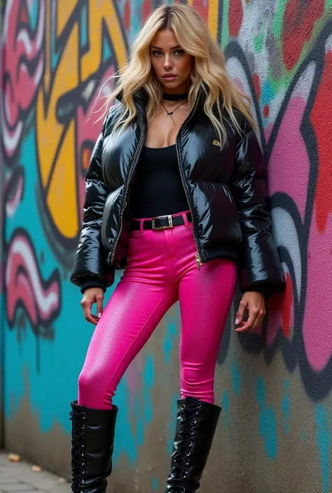 A woman,Moncler vinyl down jacket , glittering,pinke Leggings, very long blonde hair ,black high boots, stands in front of a wall that is full of graffiti