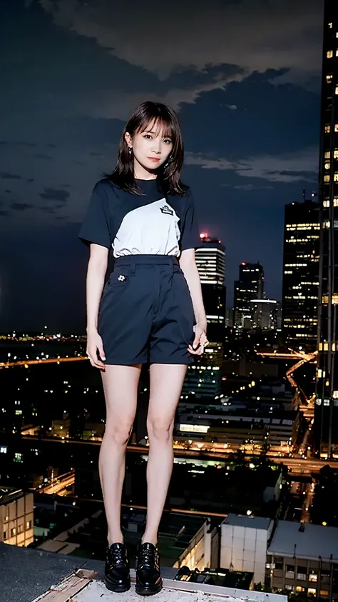  confident young woman ,  black shorthair , Standing on a rooftop at dusk , ( front view,  Full Body Shot , Central composition),   wide angle shot ,  Standing on the rooftop of a woman defecating through the cityscape of,  more details,  dramatic lighting...