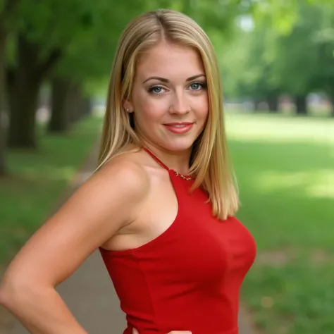  image is a portrait of a young sabrina posing for a photo.she has blonde hair, long hair and blue eyes. she's wearing a red dress. She is in a park with green trees, upper body photo. she is looking at the viewer.Woman, 32 years old, similar body aimena S...