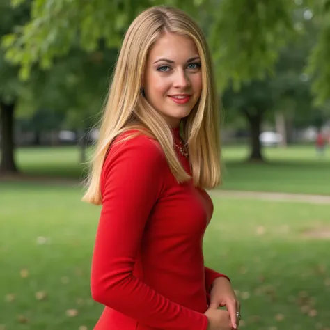  image is a portrait of a young sabrina posing for a photo.she has blonde hair, long hair and blue eyes. she's wearing a red dress. She is in a park with green trees, upper body photo. she is looking at the viewer.Woman, 32 years old, similar body aimena S...