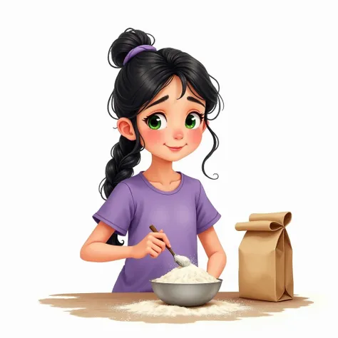 Front view, Pixar Watercolor style  , Young  girl  , long black hair tied with a braid  , yeux verts,  purple round-neck T-shirt she pours edible flour with a spoon into a mini bowl, A large packet of flour is placed next to her  , white background , image...