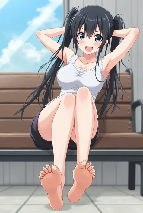 source_Animated, Scoring_9, Scoring_8_above, Scoring_7_above,  anime screenshot,8k, absurd res, he saw, 1 , Alone,  black hair,  twin tails , sleeveless dress, barefoot, Solas, feet, toes, feet focus,  sitting on a bench , floor, building,  outdoor,  big b...