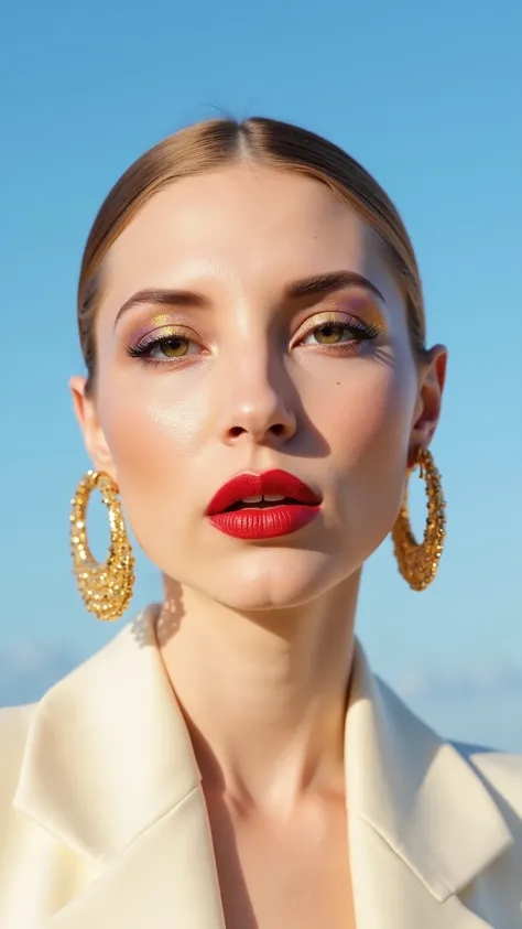 A hyper-detailed, avant-garde facing forward shot photograph featuring a striking woman with pale light skin against a clear, light blue sky. Her nude high-angle mid shot highlights the smooth texture of her flawless complexion. Shimmering metallic eyeshad...