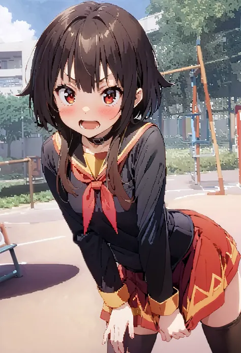 konosubaMegumin, Megumin,  short hair while on a business trip,   black hair, red eyes,  short hair while on a business trip with long locks,blush, embarrassing, angry , open your mouth wide,Black sailor suit,黒色ミニプリーツ skirt , thigh high socks ,Brown loafer...