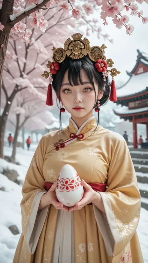 winter，Under the cherry blossom tree，An ancient woman，Delicate little face egg ， bright eyes ，Bangs, preauricular hair, 嘴唇微張, headgear， wears a pale yellow silk flowing fairy dress，