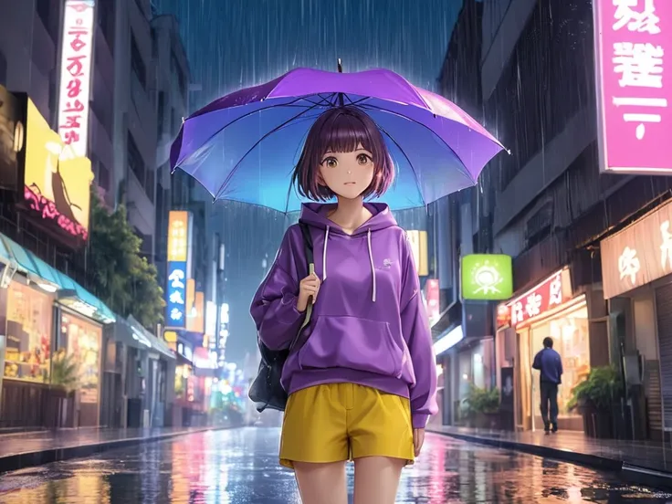 rain、 vinyl umbrella、Bob cut with pink innerwear、The hoodie is fluorescent purple、yellow shorts、Pick up the leaf falling in front of you and look at the sky with a twilight expression