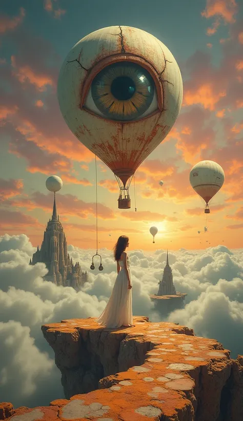 A dramatic and surreal dreamscape painting inspired by Salvador Dali. A woman with shoulder-length hair, wearing a long flowing white gown, stands on a floating island with pastel orange ground. Around her, various elements float in mid-air, including a ma...