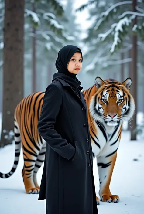  A woman wearing a black hijab and a black snow jacket, walk next to the tiger, and facing directly in front of the camera, with baground in the snow forest  