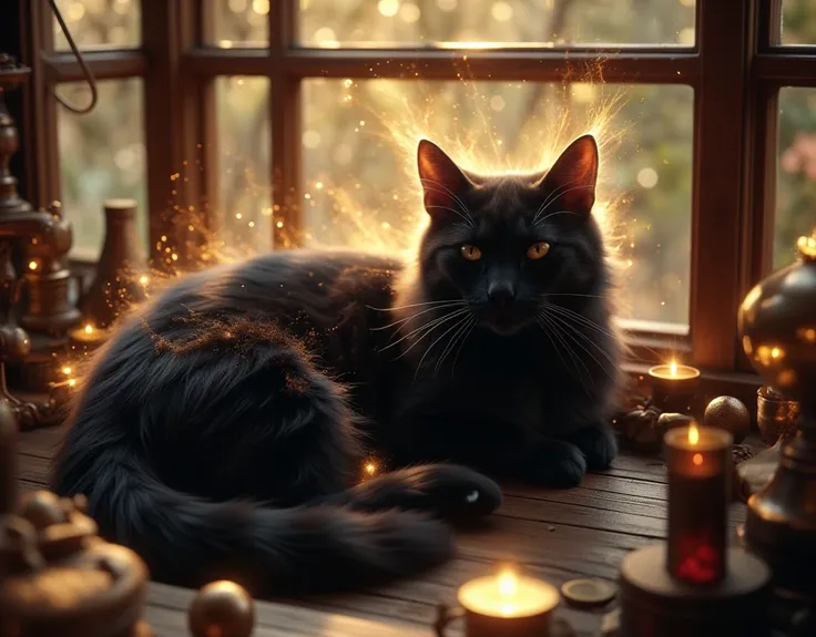 Realistic, live-action photo 8K quality, work of art, cinematic, magically realistic, a black cat curled up in a bay window sleeping with its eyes closed, the weather outside the window is nice, a golden aura surrounds the black cat, many particles of ligh...