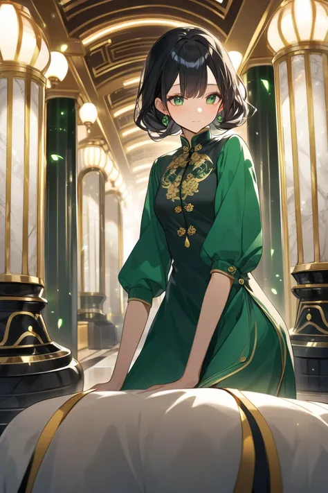 Human female , A green China dress that flatters the figure, black hair, Pooka hair,  Dress design with buttons and gold decorations, Large hall with marble columns with green lights in the background