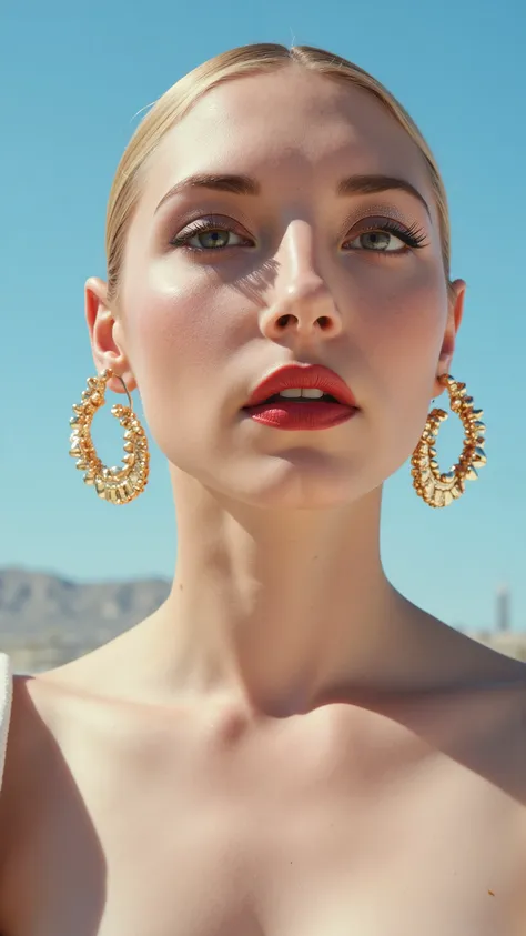 A hyper-detailed, avant-garde facing forward shot photograph featuring a striking woman with pale light skin against a clear, light blue sky. Her nude high-angle mid shot highlights the smooth texture of her flawless complexion. Shimmering metallic eyeshad...