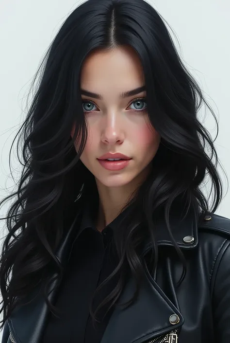 long black hair, Would you draw a 28 year old woman with deep blue eyes who is wearing a leather jacket but looking so determined. Let her skin tone be white .  Have clear facial lines but not lose her femininity 