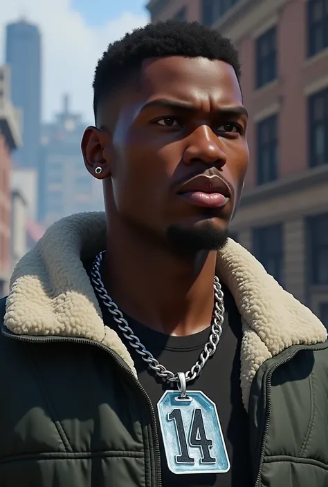 A black man with a simple hairstyle and large lips ,  an ice stream with the number 14 around his neck. GTA V .  Very realistic mode in 4k