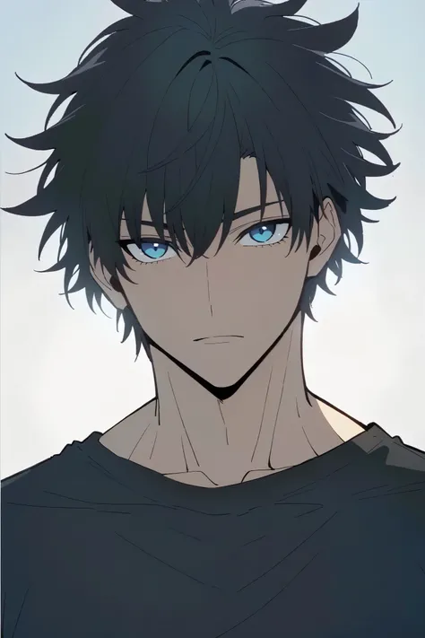 Handsome, solo, male, tall, muscular, short hair, black hair, blue eyes, black t-shirt, looking at viewer, facing viewer, simple background, white background