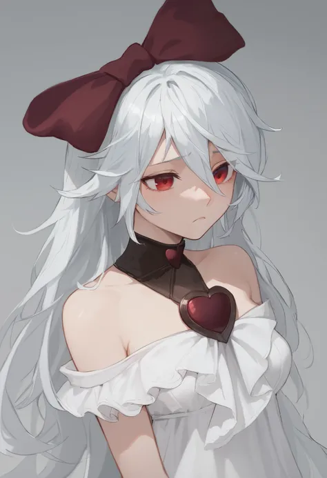 score_9, score_8_up, score_7_up, sinestrea, 1girl, white hair, bare shoulders, white dress, frown hair bow, long hair, heart brooch, medium breasts, hair bow, ribbon, red eyes,Bedroom