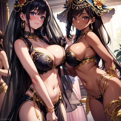 Masterpiece, Top Quality, Detailed, Perfect Anatomy, High Resolution, Detailed Illustration, Ultra Fine Details, Vivid Colors, Professional Lighting, Depth of Field, Detailed Costume, Detailed Background, Detailed Face, Rich Contrast, (3 Women: 1.3), Harem...