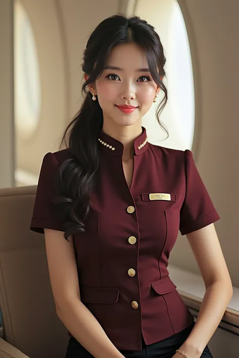 （ flight attendant 1 .5），（ realistic，Photoreal 1.5）,(( best quality, 8k, masterpiece:1.3)), SLR camera  (double eyelids，Large Eyes:1.3),（ just a little smile 1 .3），（ full body photo.5）（ Korean woman 1 .5）Clear focus 1.2,  perfect body beauty:1.4 , Delicate...