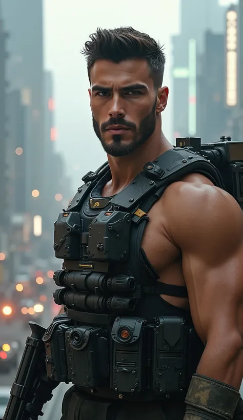 Create a young man of the military future, age 27 years old, brunette, brown eyes, beautiful facial features, wide face, beard, full height, in full ammunition with weapons, against the backdrop of a futuristic city, super realistic, detailed, masterpiece,...