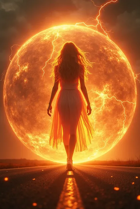 Mystical fiery spere with lightning inside. And a woman walking through it. Coulours od orange, red gold. Setting on a road to infinity 