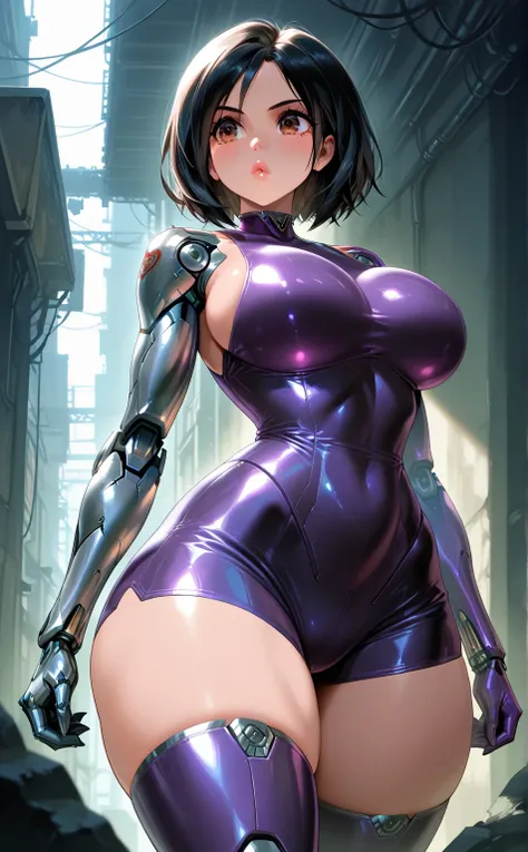 NSFW ,1 girl ,solo ,cute girl , short black hair , big lips ,brown eyes, large breasts , huge thighs , alita , cyborg, small waist , purple latex suit, sleeveless suit, latex shorts, HD, robot joints , robot , big hips,  