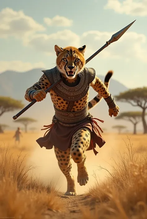 A cheetah warrior in tribal armor, running with a spear across the savanna.