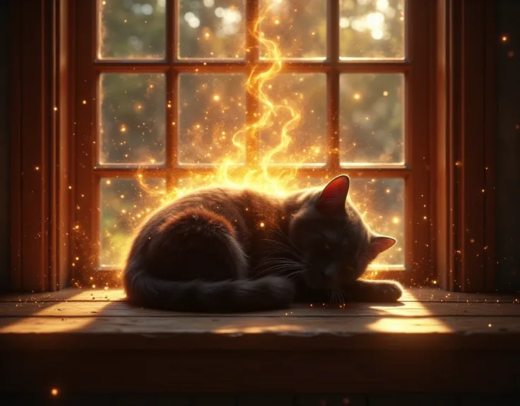 Realistic, live-action photo 8K quality, work of art, cinematic, magically realistic, a black cat is curled up in a bay window sleeping with its eyes closed, it's good weather outside the window, a golden aura surrounds the black cat, many particles of lig...