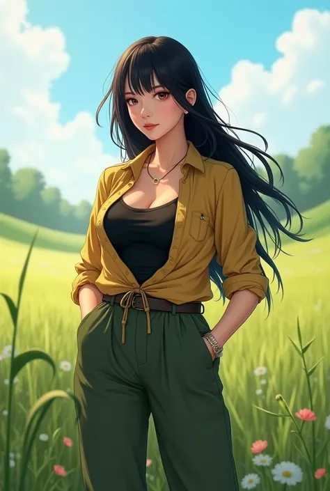 With long black hair and a stylish side bang hairstyle, she looks like a 44-year-old, A girl with an open field and C cup breasts