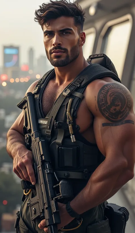 Create a young man of the military future, age 27 years old, brunette, brown eyes, beautiful facial features, wide face, beard, full height, in full ammunition with weapons, against the backdrop of a futuristic city, super realistic, detailed, masterpiece,...