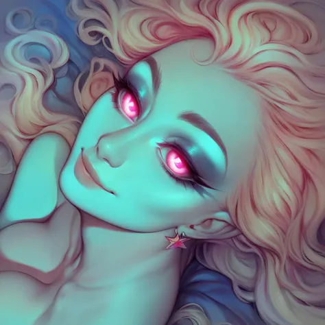 A design for a vaporwave style, beautiful rainbow neon glowing nude woman with big messy hair, laying in a galactic art piece, casting a spell and colorful stardust in a surreal night sky, magical twinkling stars, glowing, simple background, smoke surround...