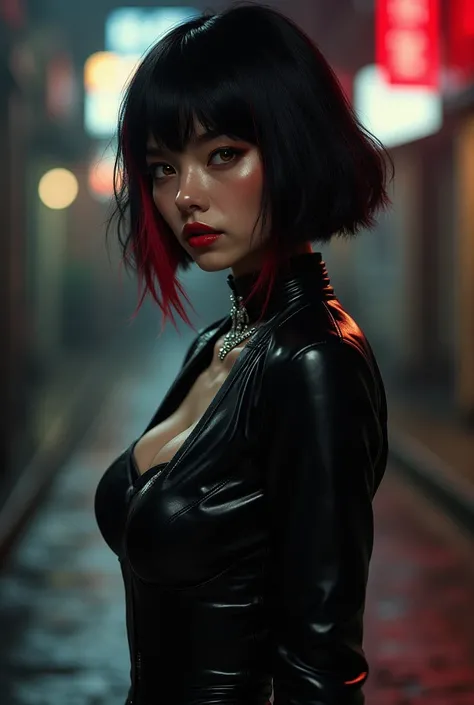  a female character, ,  Short black hair  , long fringe with red lock  . light brown skin  , golden eyes wearing black leather clothing.  Silver collar and earrings .Night Street Background  