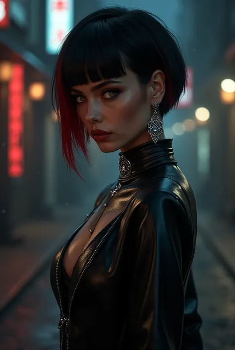  a female character, ,  Short black hair  , long fringe with red lock  . light brown skin  , golden eyes wearing black leather clothing.  Silver collar and earrings .Night Street Background  