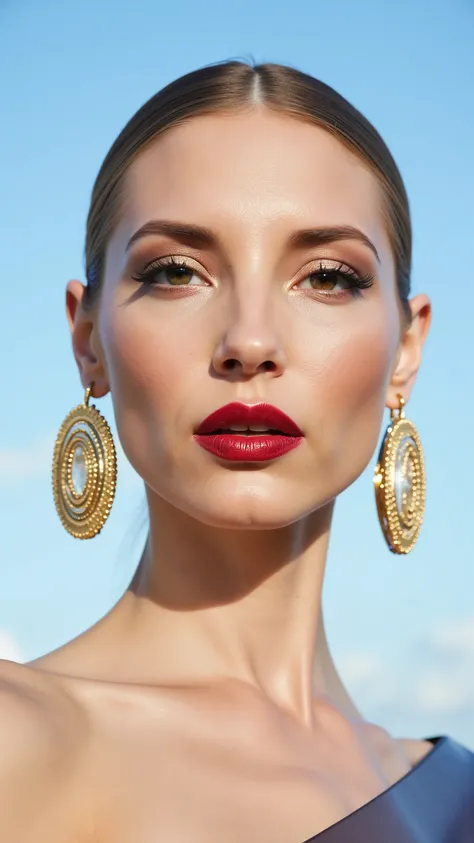 A hyper-detailed, avant-garde facing forward shot photograph featuring a striking woman with pale light skin against a clear, light blue sky. Her nude high-angle mid shot highlights the smooth texture of her flawless complexion. Shimmering metallic eyeshad...