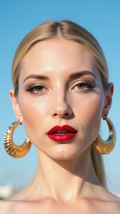 A hyper-detailed, avant-garde facing forward shot photograph featuring a striking woman with pale light skin against a clear, light blue sky. Her nude high-angle mid shot highlights the smooth texture of her flawless complexion. Shimmering metallic eyeshad...