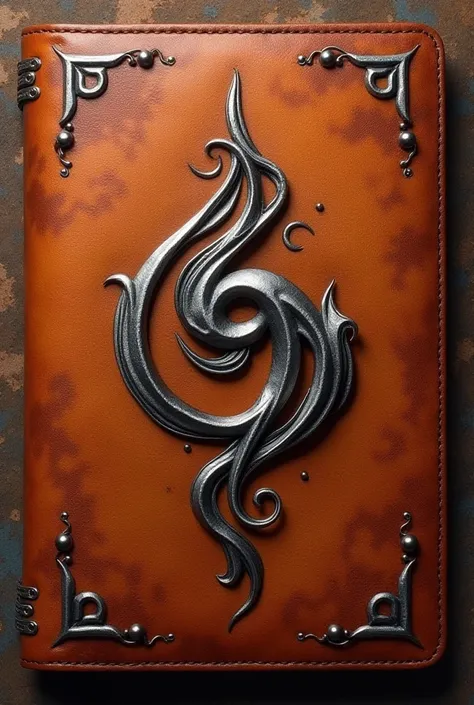 Create the cover of a notebook, the background is made of realistic women's leather and has a silver shifting symbol in the center 