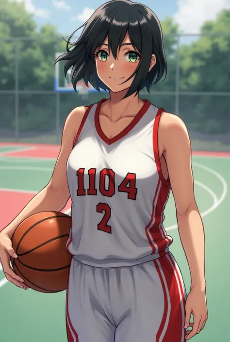 young women，black hair，Beauty，On the basketball court ，Holding a basketball， confident smile ，Wear a basketball uniform ， write 1104 on the front of the uniform， first person view，reality，Look ahead with your eyes， 1 girl,  1 girl, short hair, Real People，