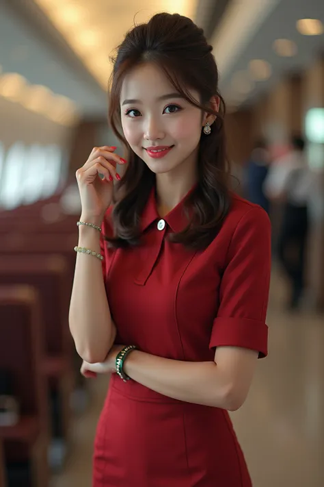 （ flight attendant 1 .5），（ realistic，Photoreal 1.5）,(( best quality, 8k, masterpiece:1.3)), SLR camera  (double eyelids，Large Eyes:1.3),（ just a little smile 1 .3），（ full body photo.5）（ Korean woman 1 .5）Clear focus 1.2,  perfect body beauty:1.4 , Delicate...