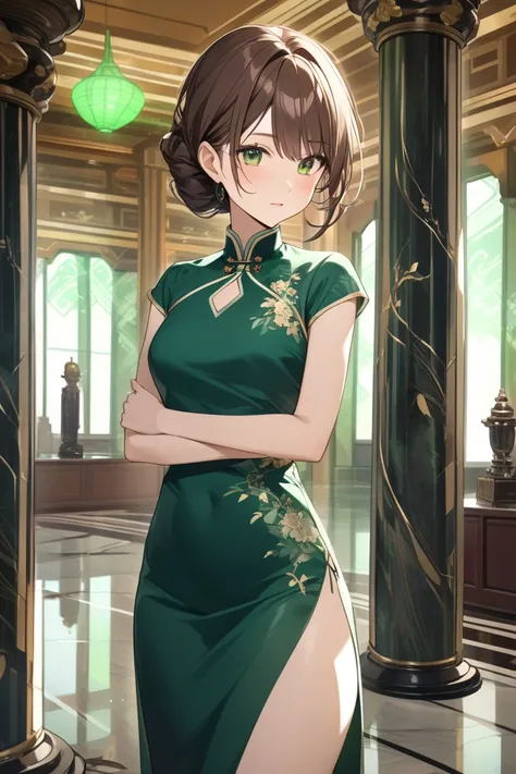 A human woman with brown hair, green China dress, Large hall with marble columns with green lights in the background