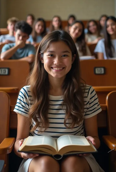  The close-up photo shows a girl reading the Bible ,  sitting in a full lecture hall .  The hall has a stepped structure with lots of wooden seats , , each numbered .  The overall atmosphere of the photo creates a sense of peace and quiet ,  maybe ,  befor...