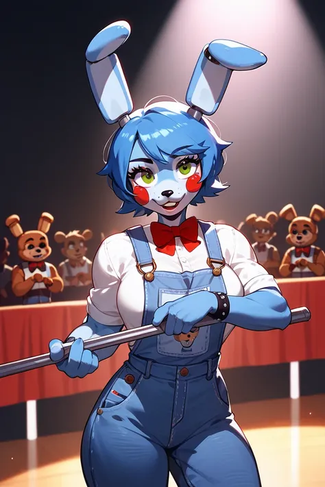 Toy bonnie (FNAF), female, sexy, black nose, boobs, white shirt, red bowtie, overalls, looking seductive, holding a gutar, normal human neck, on stage, anthro furry, lean muscles, with hair, anime