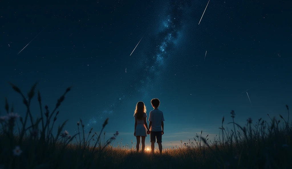 boy and blonde girl holding each other's hands, 18 years old, night, field, meteor shower, close-up