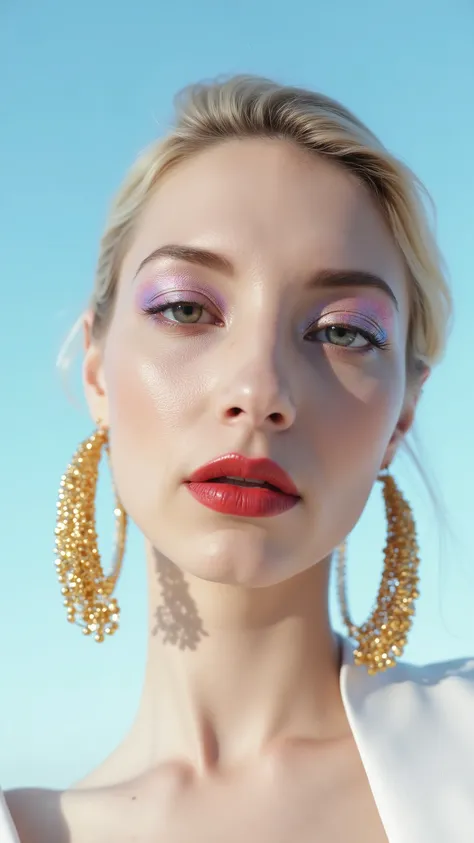 A hyper-detailed, avant-garde facing forward shot photograph featuring a striking woman with pale light skin against a clear, light blue sky. Her nude high-angle mid shot highlights the smooth texture of her flawless complexion. Shimmering metallic eyeshad...