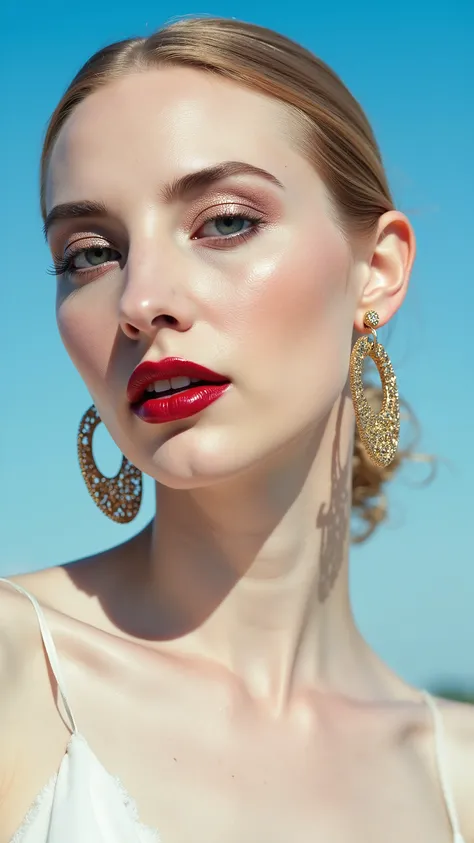 A hyper-detailed, avant-garde facing forward shot photograph featuring a striking woman with pale light skin against a clear, light blue sky. Her nude high-angle mid shot highlights the smooth texture of her flawless complexion. Shimmering metallic eyeshad...