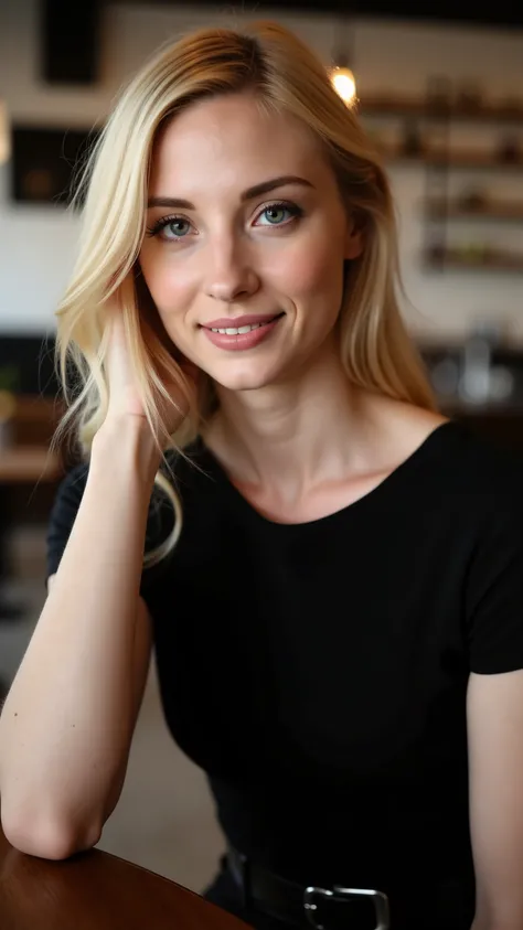 This is a beautiful  closeup photograph of a woman, she has long straight blonde hair and dark blue eyes.  Wearing a form fitting  boatneck dress,  Sitting in a cafe. Flirting at the viewer. Smile, Captured with a Sony A7R IV camera and a 50mm f/1.2 G Mast...