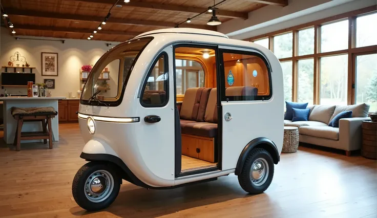 The image shows a small, modern, three-wheeled camper vehicle indoors. It has a sleek, white exterior with large windows, a compact cabin space, and seating for passengers. The design is minimalist, blending retro and futuristic aesthetics. The interior is...