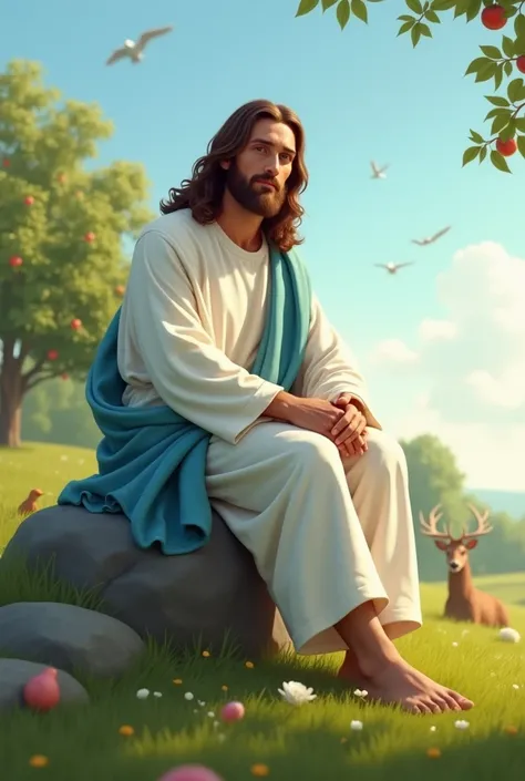 "Jesus Christ in a white robe with a light blue sash, long brown hair and beard, sitting on a rock looking at the camera in a serene green field with fruit trees, a bright blue sky and softly blurred animals such as deer and birds in the background bottom