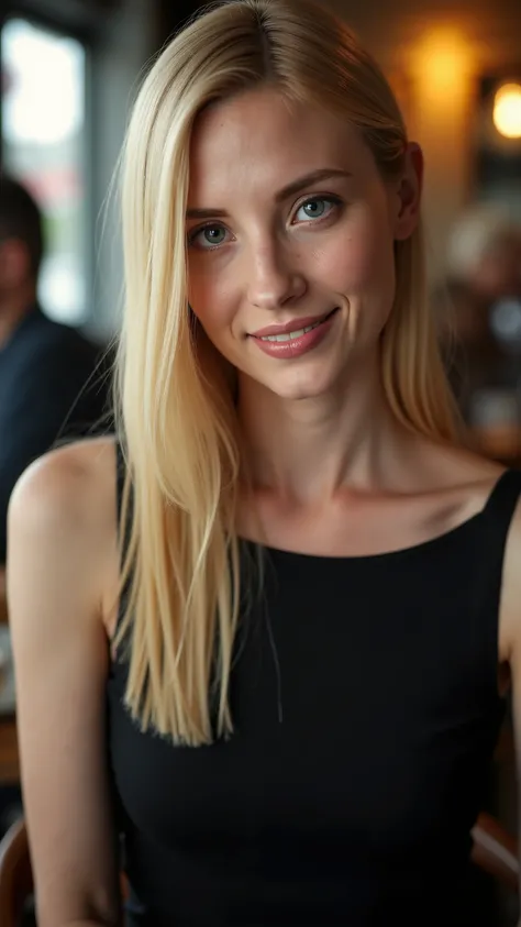 This is a beautiful  closeup photograph of a woman, she has long straight blonde hair and dark blue eyes.  Wearing a form fitting  boatneck dress,  Sitting in a cafe. Flirting at the viewer. Smile, Captured with a Sony A7R IV camera and a 50mm f/1.2 G Mast...