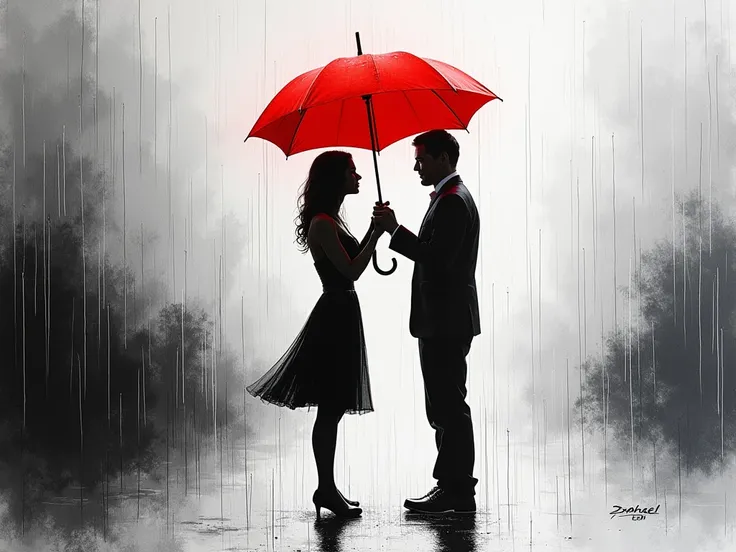 Abstract painting, Silhouette of a man holding a red umbrella for a woman in the rain, chivalry, protection, connection, romance, contrast, Black and White Sketch with Red Accent, fine lines, rainy evening, 2. 8 aperture, Contemporary Art. (At the bottom o...