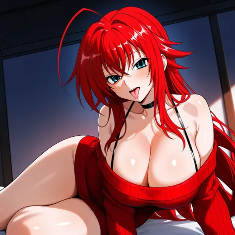  Rias Gremory , dxd, sexy very short hip-length sweater in RED with bare shoulders with a neckline showing her big breasts while sticking out her flirty tongue